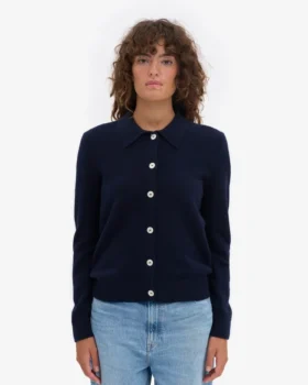 Cardigan à col en laine mérinos pour femme – Bleu marine