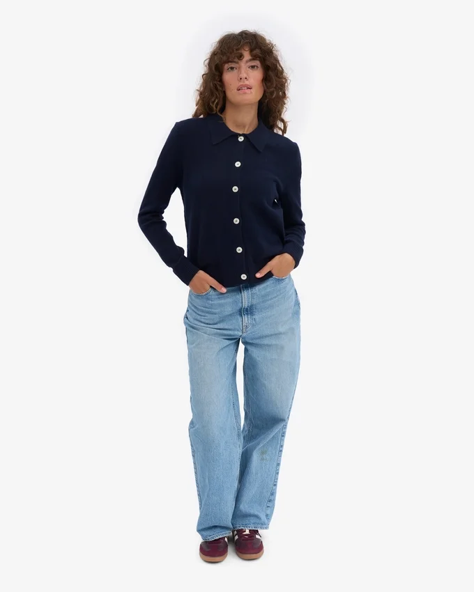 Cardigan à col en laine mérinos pour femme - Bleu marine
