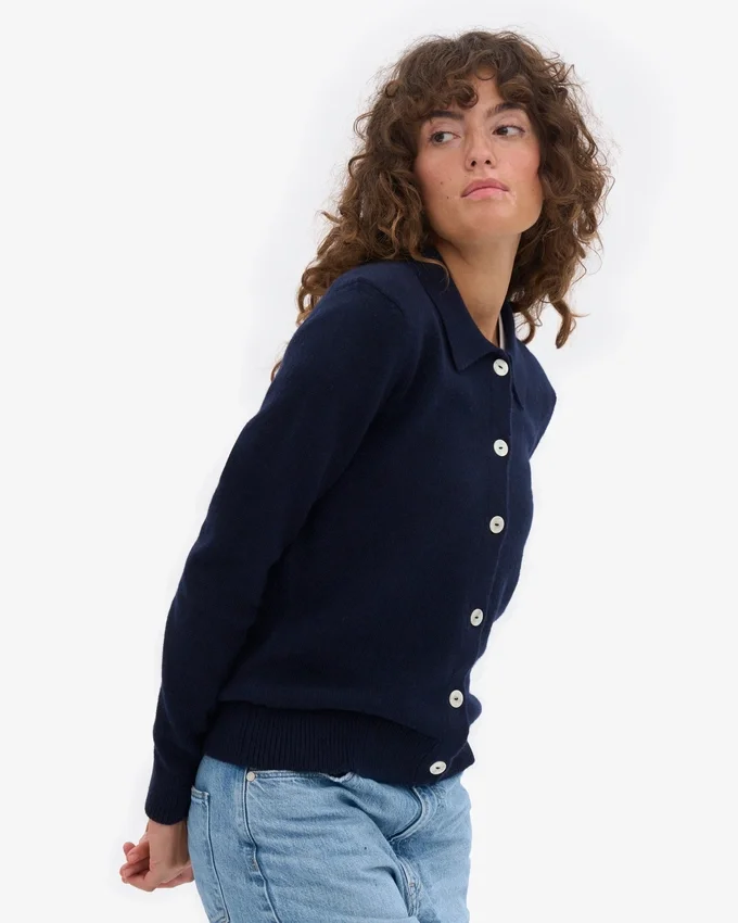 Cardigan à col en laine mérinos pour femme - Bleu marine