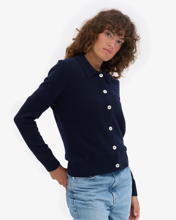 Cardigan à col en laine mérinos pour femme - Bleu marine