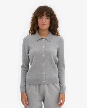 Cardigan à col en laine mérinos pour femme – Gris chiné