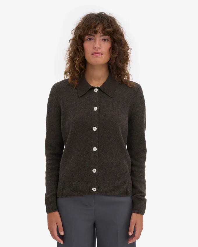 Cardigan à col en laine mérinos pour femme - Marron café