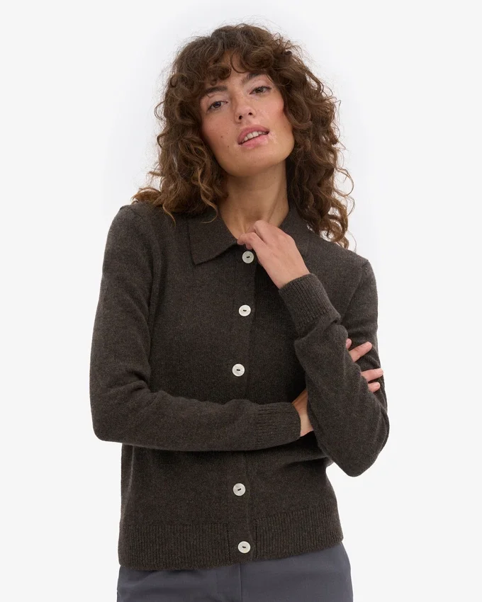 Cardigan à col en laine mérinos pour femme - Marron café