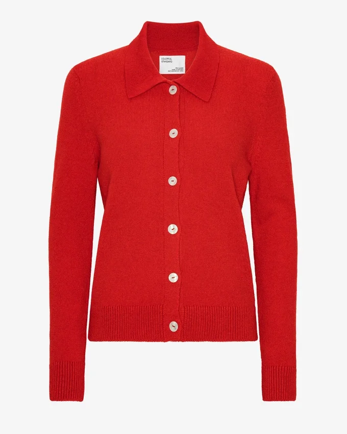 Cardigan à col en laine mérinos pour femme - Rouge mandarine