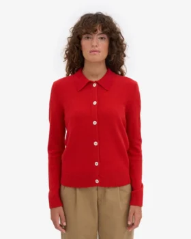 Cardigan à col en laine mérinos pour femme – Rouge mandarine