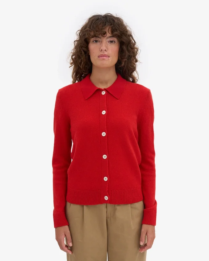 Cardigan à col en laine mérinos pour femme - Rouge mandarine