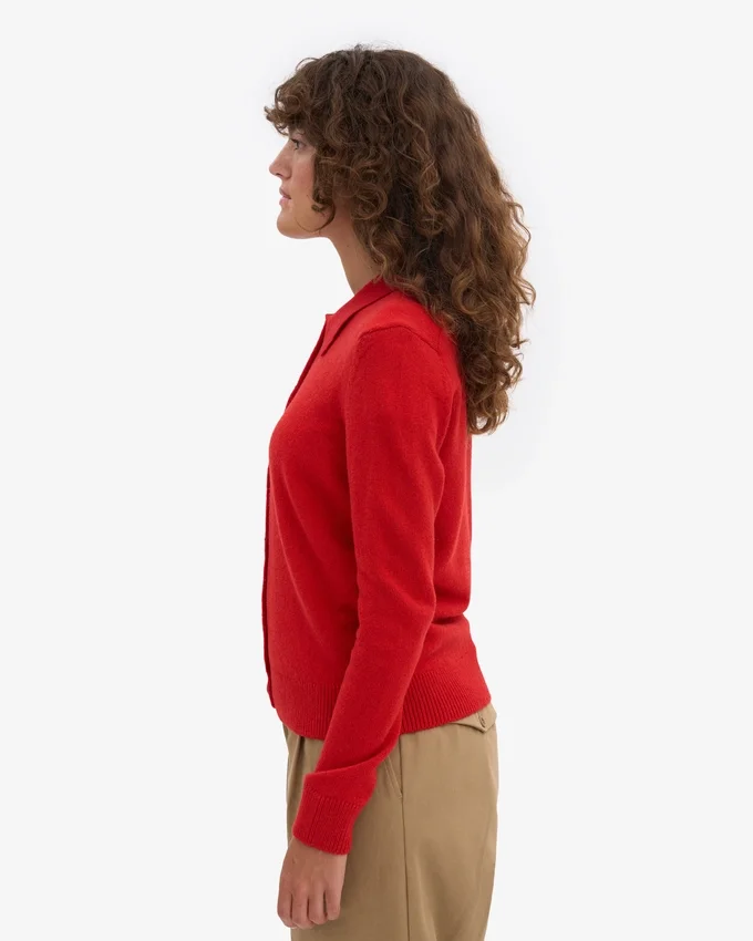 Cardigan à col en laine mérinos pour femme - Rouge mandarine