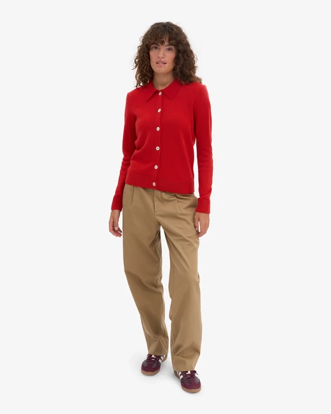 Cardigan à col en laine mérinos pour femme - Rouge mandarine