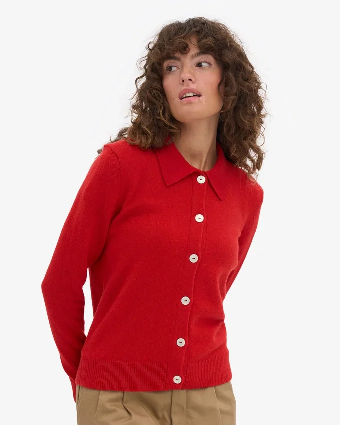 Cardigan à col en laine mérinos pour femme - Rouge mandarine