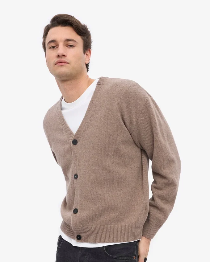 Cardigan à col en V en laine mérinos - Taupe chaud