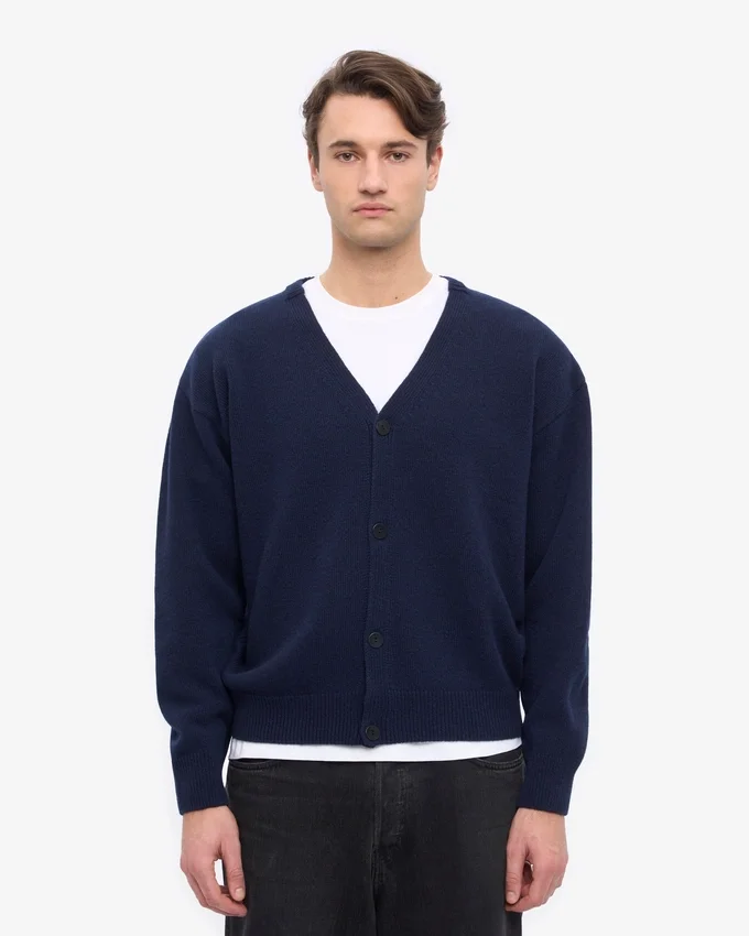 Cardigan en laine mérinos à col en V - Bleu marine
