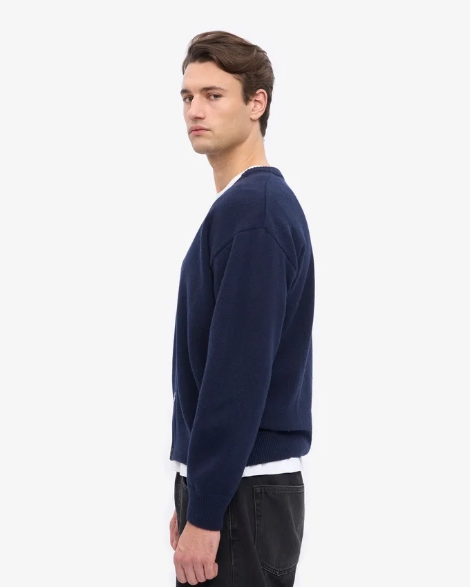 Cardigan en laine mérinos à col en V - Bleu marine