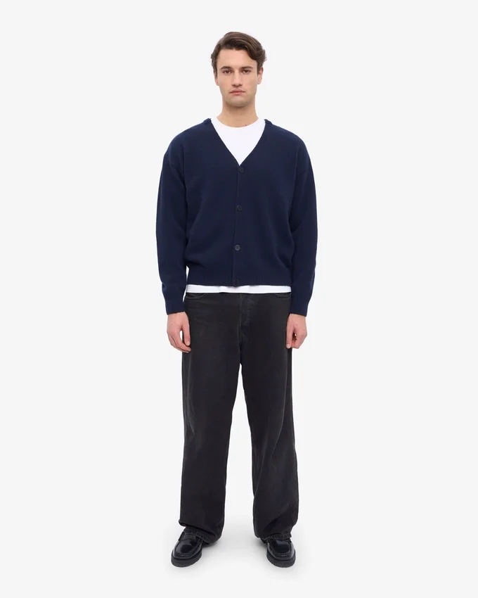 Cardigan en laine mérinos à col en V - Bleu marine