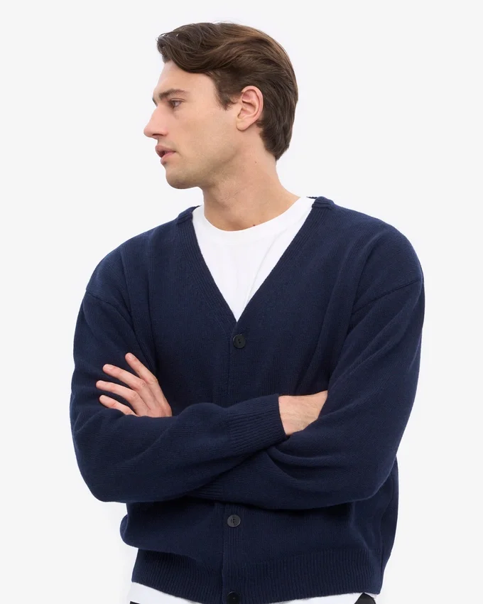 Cardigan en laine mérinos à col en V - Bleu marine