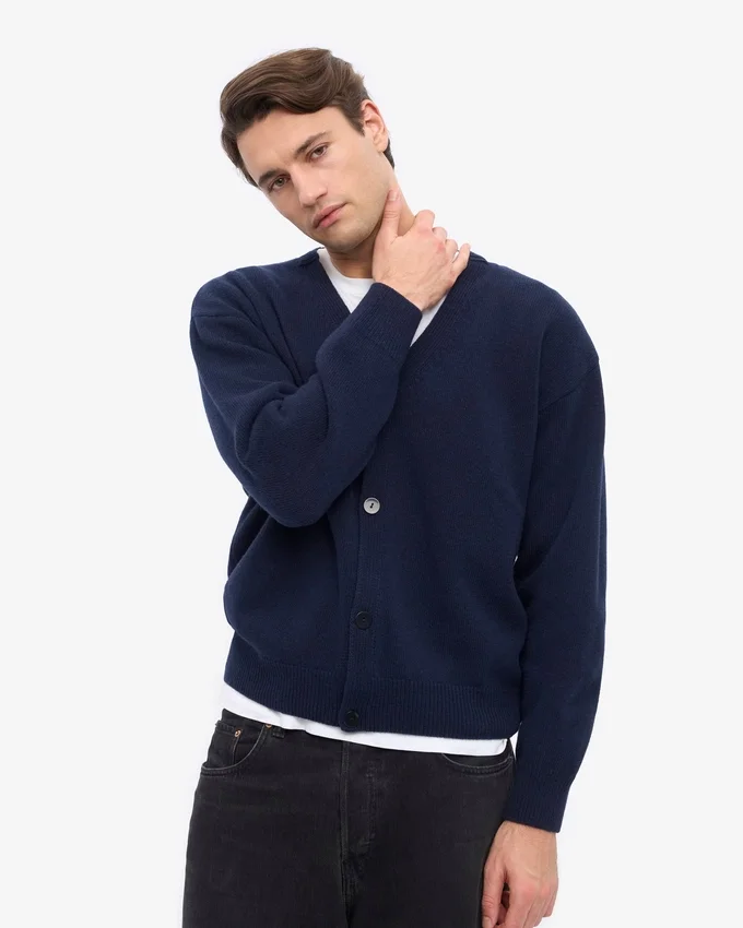 Cardigan en laine mérinos à col en V - Bleu marine