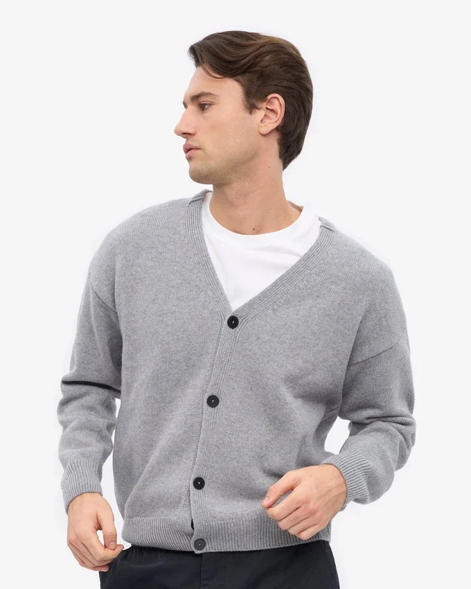 Cardigan en laine mérinos à col en V - Gris chiné