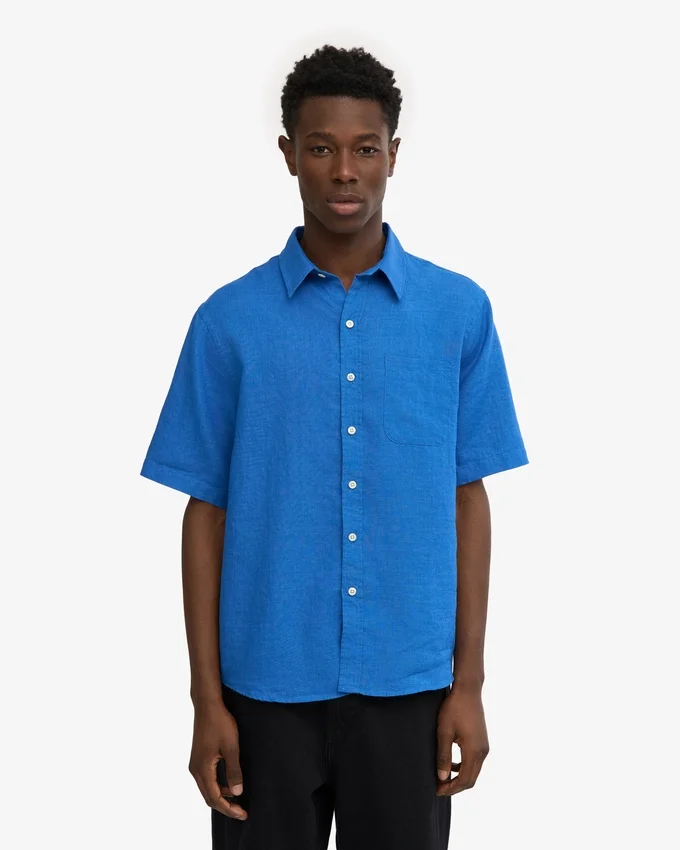 Chemise en lin à manches courtes - Bleu Pacifique