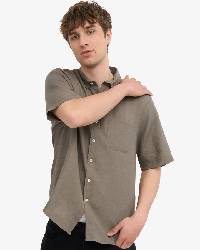 Chemise en lin à manches courtes - Olive poussiéreux