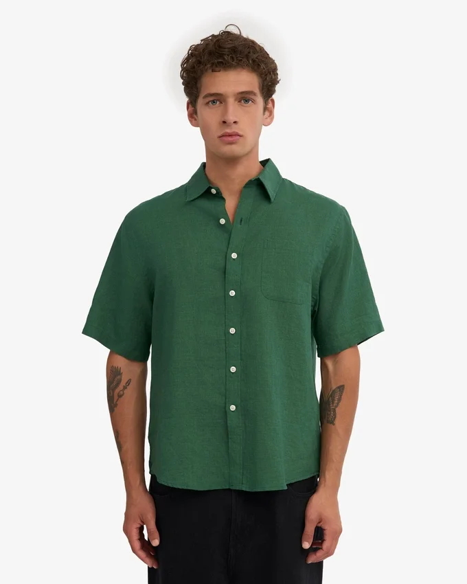 Chemise en lin à manches courtes - Vert émeraude