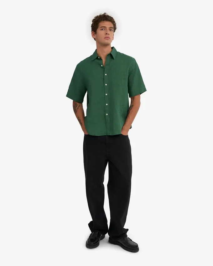 Chemise en lin à manches courtes - Vert émeraude