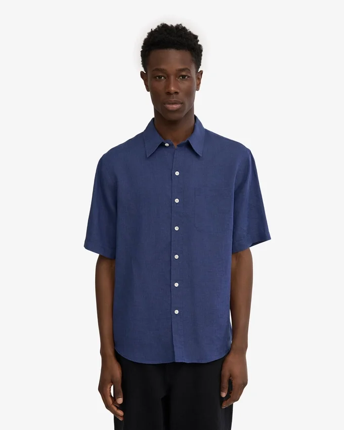 Chemise à manches courtes en lin - Bleu marine