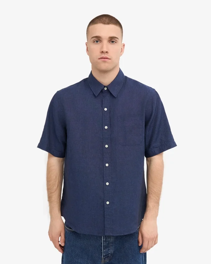 Chemise à manches courtes en lin - Bleu pétrole