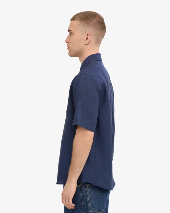 Chemise à manches courtes en lin - Bleu pétrole