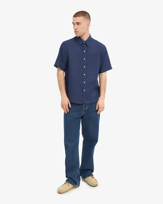 Chemise à manches courtes en lin - Bleu pétrole