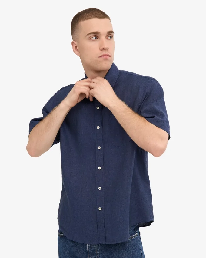 Chemise à manches courtes en lin - Bleu pétrole