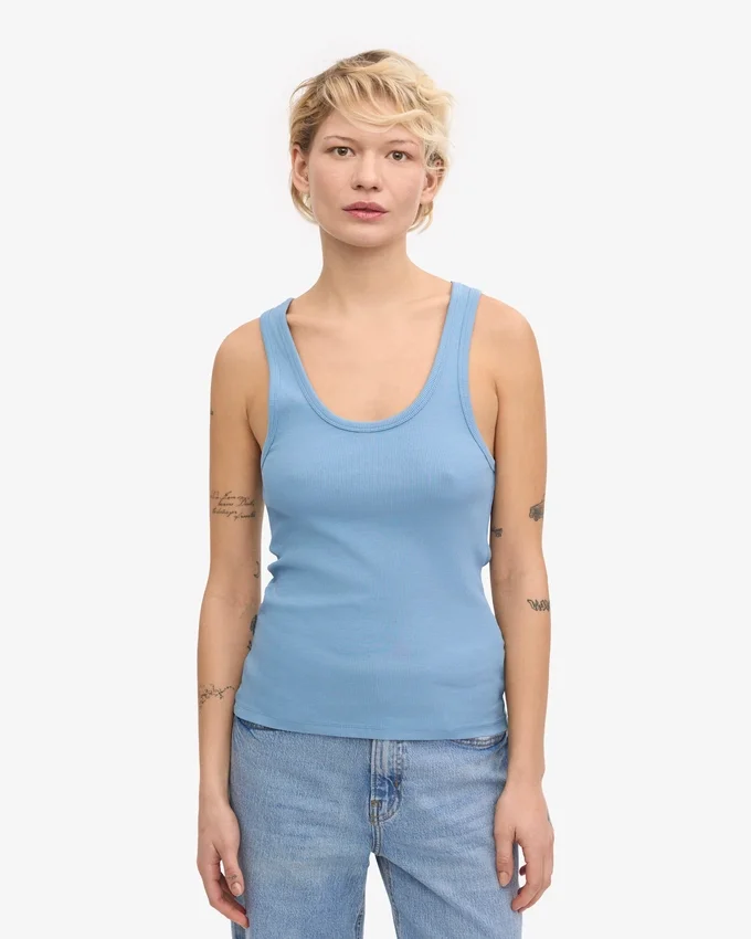Débardeur bio à côtes pour femme - Bleu bord de mer