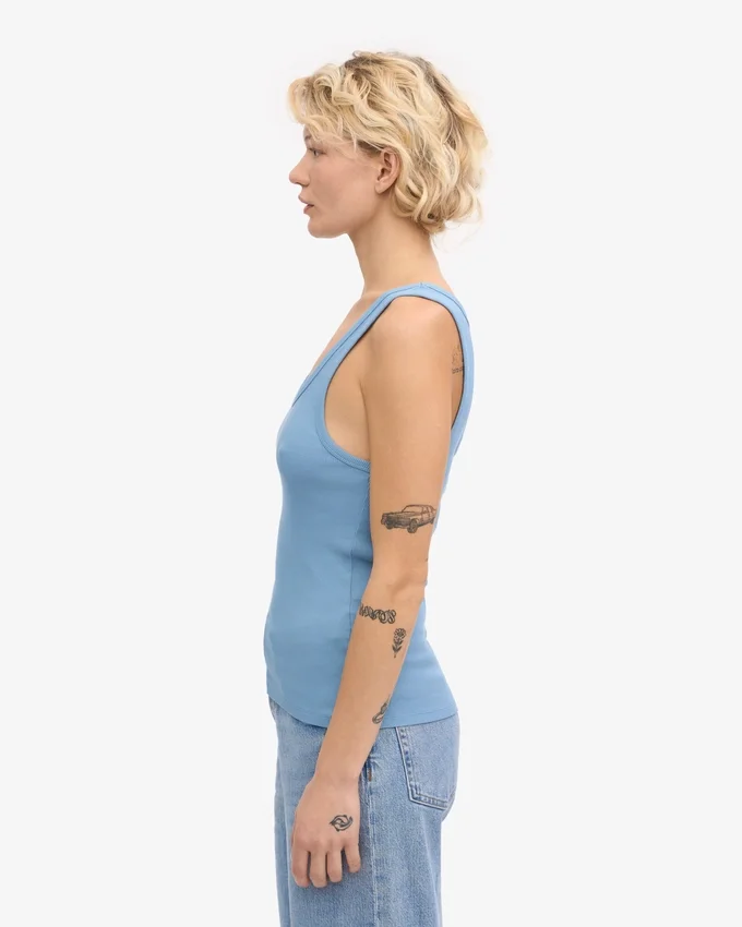 Débardeur bio à côtes pour femme - Bleu bord de mer