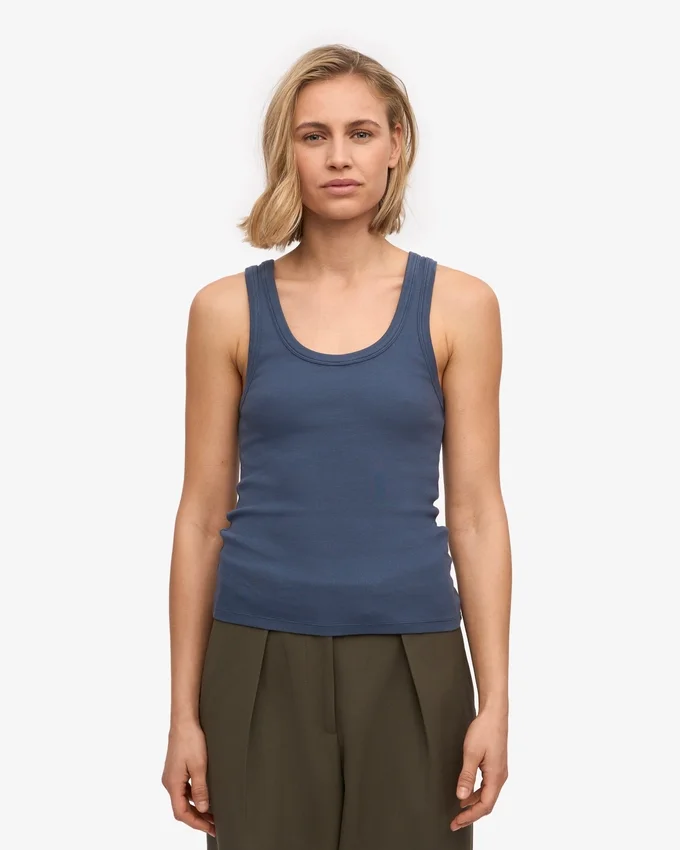 Débardeur en coton bio à côtes pour femme - Bleu pétrole