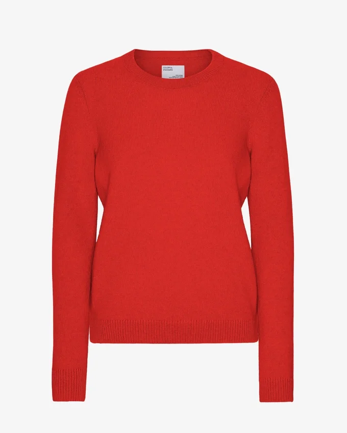 Pull classique à col rond en laine mérinos pour femme - Rouge mandarine