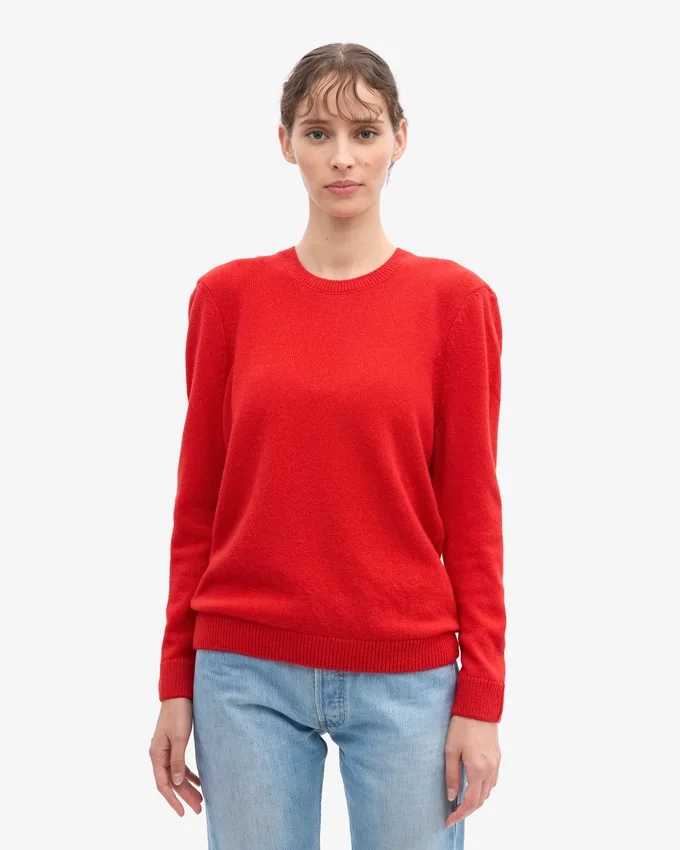 Pull classique à col rond en laine mérinos pour femme - Rouge mandarine