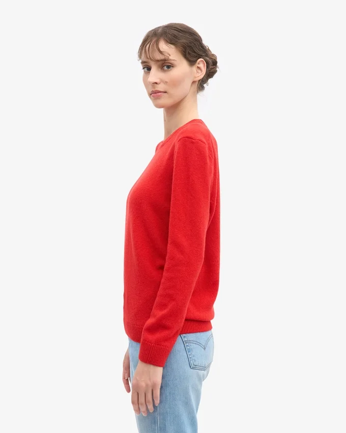 Pull classique à col rond en laine mérinos pour femme - Rouge mandarine
