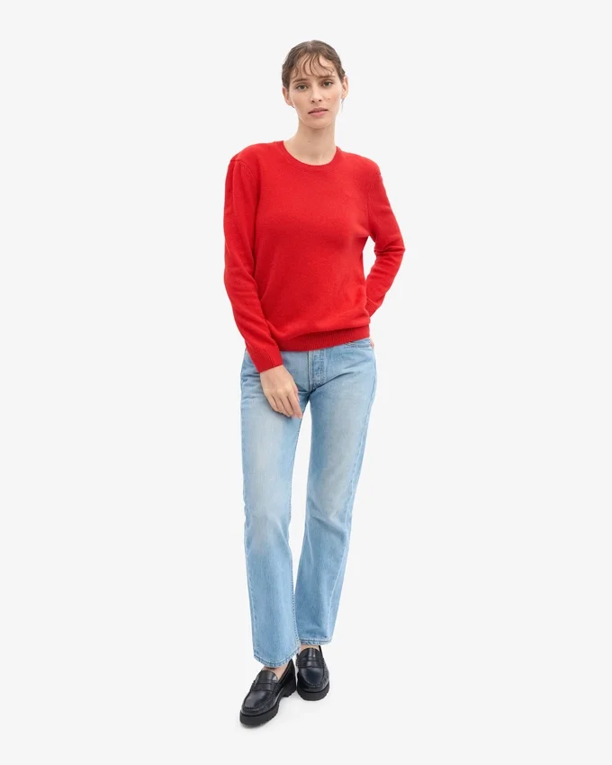 Pull classique à col rond en laine mérinos pour femme - Rouge mandarine