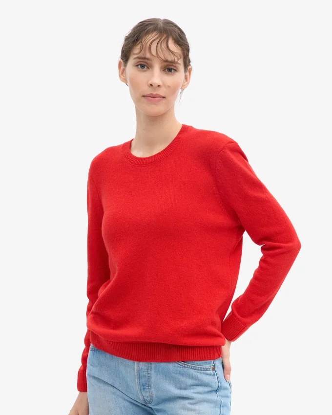 Pull classique à col rond en laine mérinos pour femme - Rouge mandarine