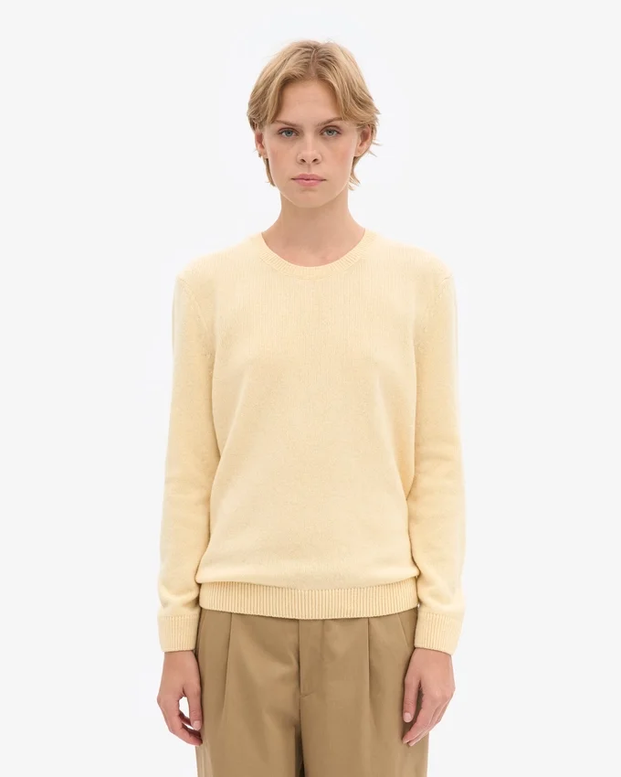 Pull à col rond classique en laine mérinos pour femme - Jaune pâle