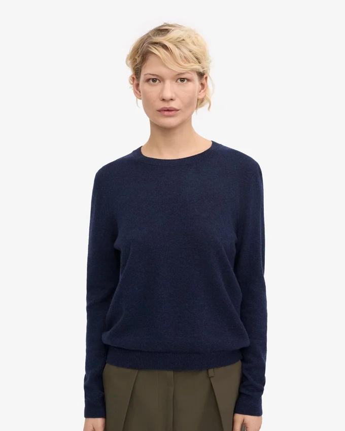 Pull à col rond en laine mérinos légère pour femme - Bleu marine