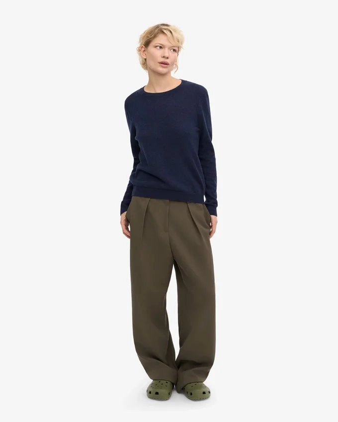 Pull à col rond en laine mérinos légère pour femme - Bleu marine