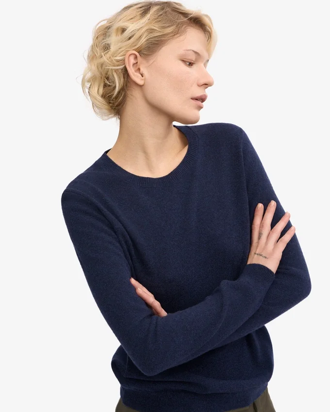 Pull à col rond en laine mérinos légère pour femme - Bleu marine