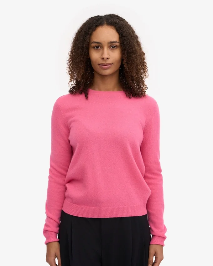 Pull à col rond en laine mérinos légère pour femme - Rose bubble-gum