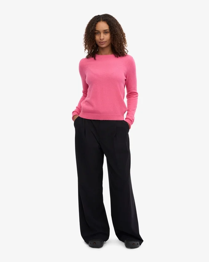 Pull à col rond en laine mérinos légère pour femme - Rose bubble-gum