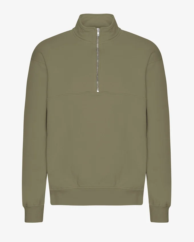 Pull col zippé 1/4 en coton bio - Olive poussiéreux