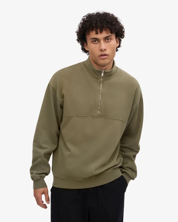 Pull col zippé 1/4 en coton bio - Olive poussiéreux