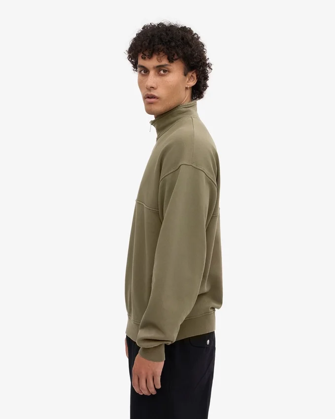 Pull col zippé 1/4 en coton bio - Olive poussiéreux