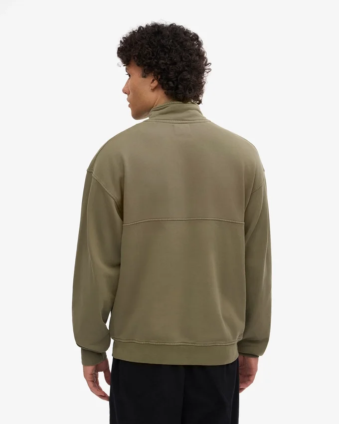 Pull col zippé 1/4 en coton bio - Olive poussiéreux