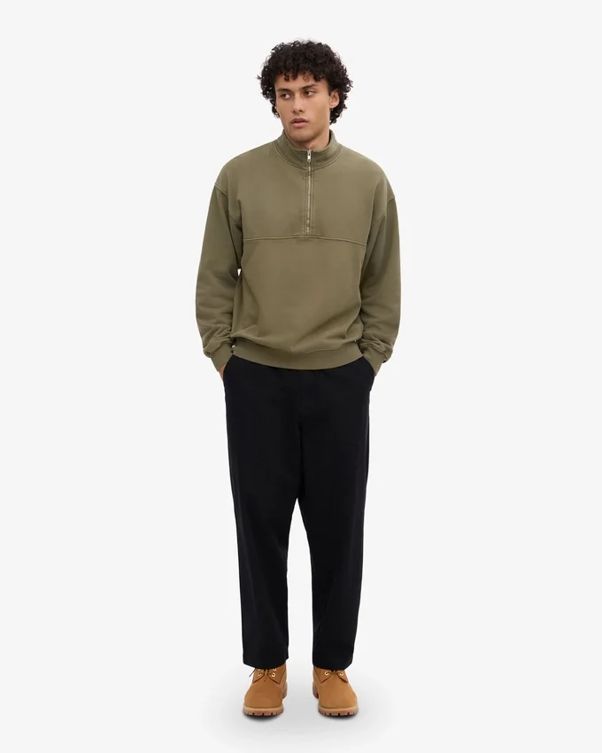 Pull col zippé 1/4 en coton bio - Olive poussiéreux