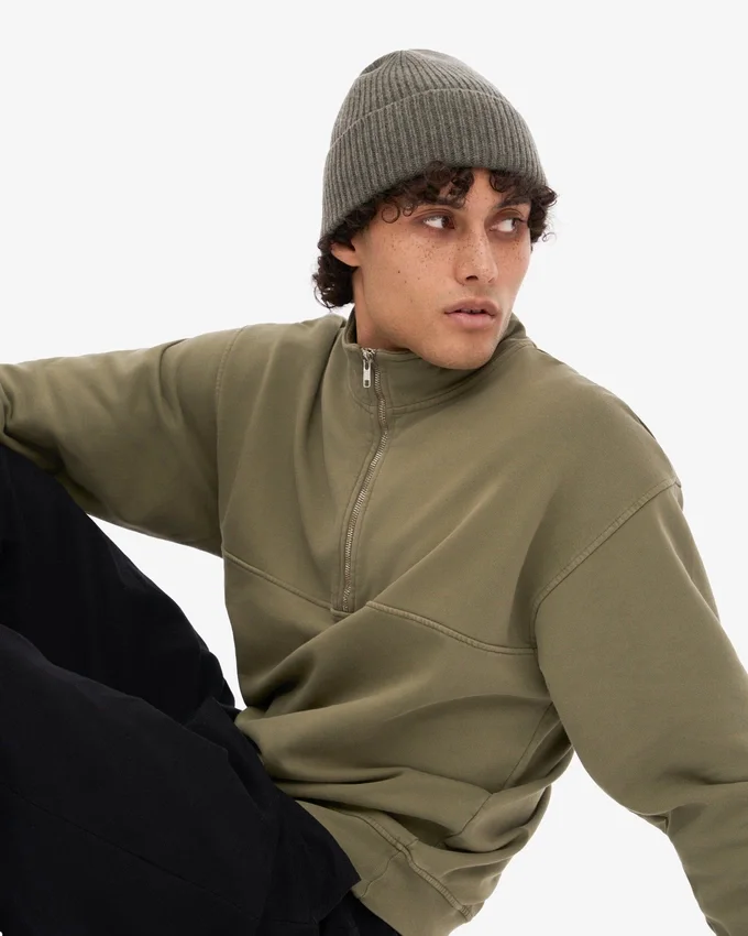 Pull col zippé 1/4 en coton bio - Olive poussiéreux