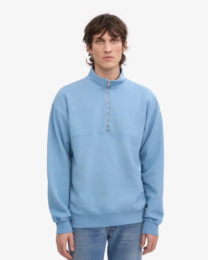 Pull col zippé bio - Bleu bord de mer